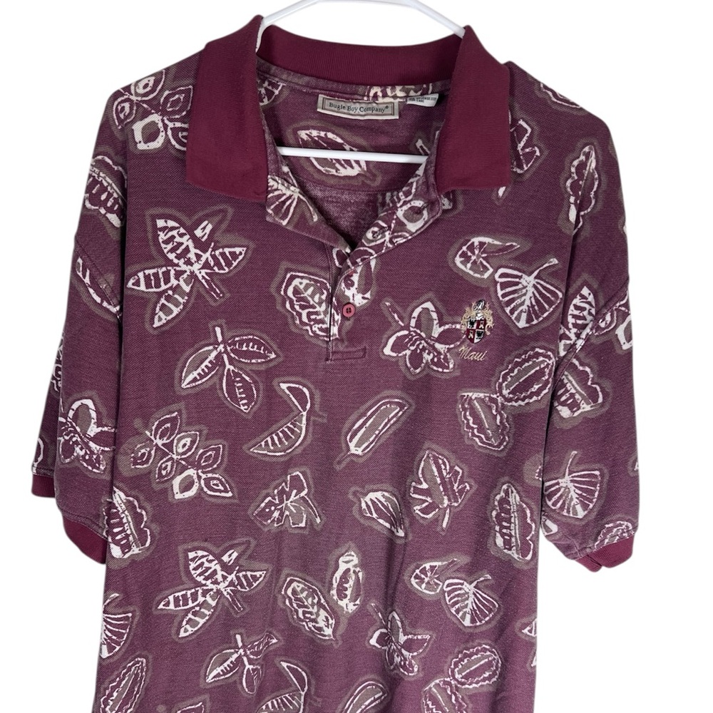 Vintage Bugle Boy Maui Leaf Print Polo Shirt Size L